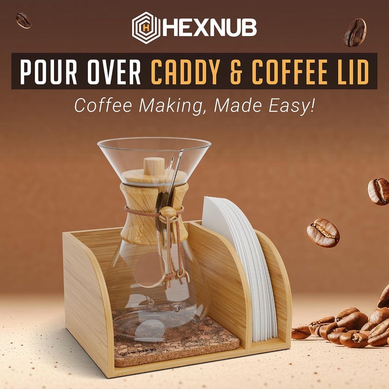 HEXNUB – Caddy and Lid for Pour Over Coffee Maker, Bamboo Stand fits Chemex, Bodum, Cosori Coffee Carafes, Heatproof Mat, Filter Holder for Drip Coffee Maker - Cork Mat - Image 2